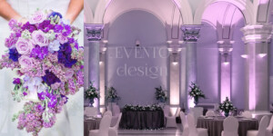 Vjenčanje u muzeju Mimara Svečana sala u ljubičastoj boji s buketom mlade ljubistih cvijetova u rukama na lijevoj strani slike