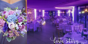 vjenčanje ljubičaste boje Prekrasan svadbeni prijem s ljubičastim i plavim cvijećem, stvarajući lijepu atmosferu.