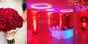 Vjenčanja u crvenoj boji Vjenčanje obasjano crvenim i bijelim svjetlima, stvarajući romantičan i elegantan ambijent.