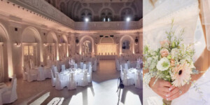 dom branitelja vjenčanja Pula Svečana sala sa stolovima i bijelim nadstolnjacima, s desne strane buket mlade.