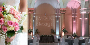 Muzej Mimara vjenčanja Stol za vjenčanje ukrašen ružičastim i bijelim cvijećem.