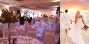 Vjenčanja u boji pjeska Svečana sala u bedž boji, buketi po stolovima i mladenci s buketom na plaži s lijeve strane,